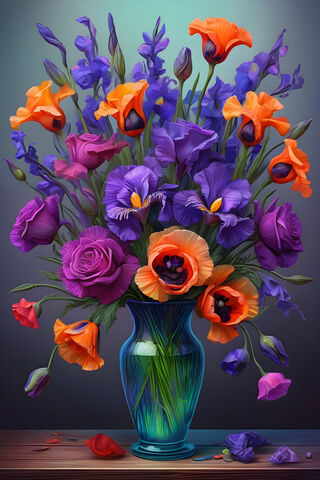 Poppies, Purple Irises, and Roses