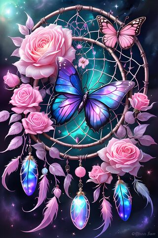 Pink Opalescent Butterfly & Roses