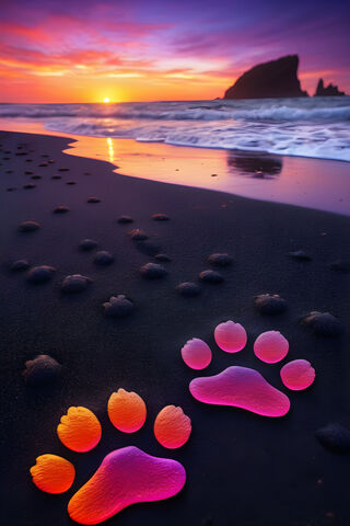 Paw Prints On A Black Sand Beach