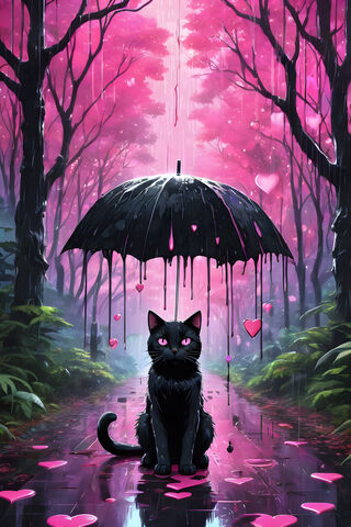 Pink and Black Kitty Cat In The Rain