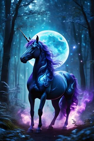 Purple and Blue Unicorn In Blue Mist In Forest Under Full Moon