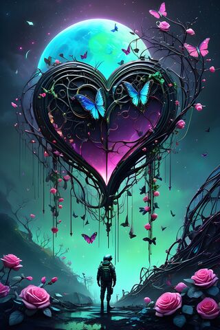 Purple Glass Heart & Butterfly's In A Dark Sci-Fi Landscape