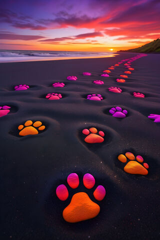Paw Prints On A Black Sand Beach