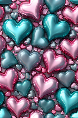 Pink Teal Grey Glass Hearts 3D