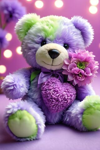 Purple Plush Teddy Bear With A Heart and Flowers