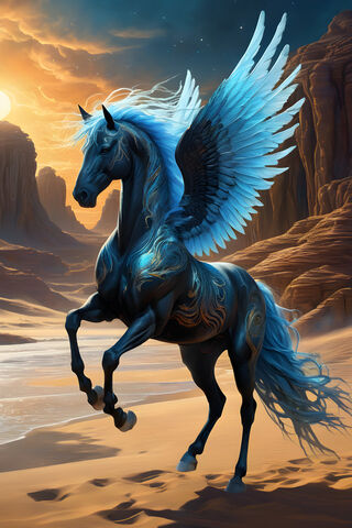 Pegasus Unicorn Horse Wings Blue-Black Desert.