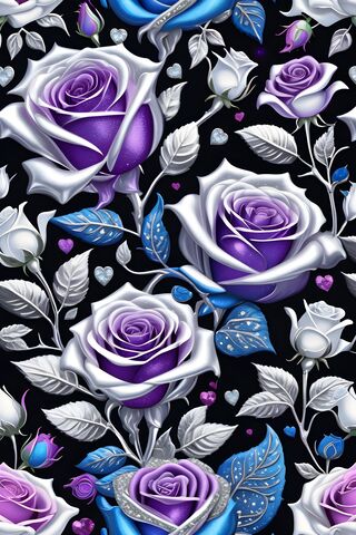 Purple Silver and Blue Metallic Roses Across The Image