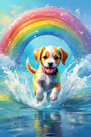 Puppy Dog Splashing In Water, Summer and Rainbow