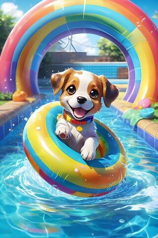 Puppy Dog Splashing In Water, Summer and Rainbow, In Tube