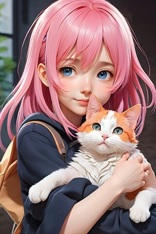 Pink Haired Anime Girl Hugging Her Calico Cat
