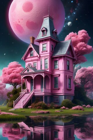 Pink Victorian House In Space