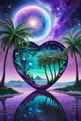 Quilled Heart Paradise With Galaxy /moon In The Sky