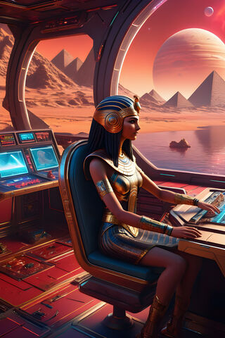 Queen Cleopatra On Her Throne Battlestar Ra2 Sailing The Nile On Mars.