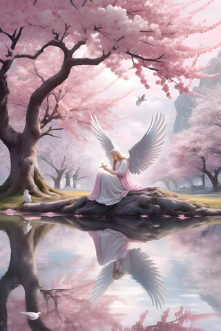 Reflection Angel Pink Grey Cherry Blossom Tree