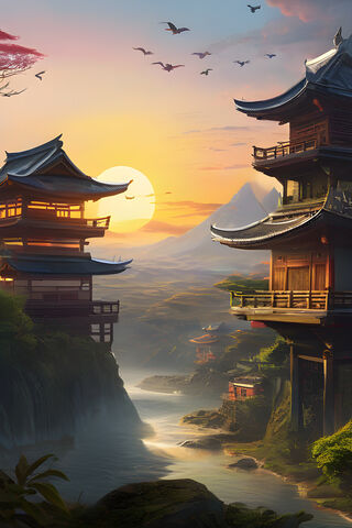 Serene Sunset Over Ancient Temples 🌅🏯
