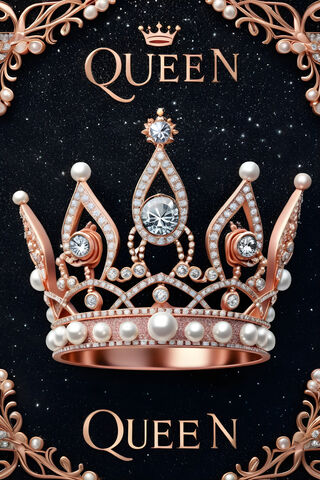 Rose Gold Crown, Diamonds, Pearls and Queen In Gold