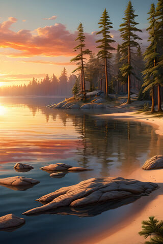 Sunset Pine Trees Lake