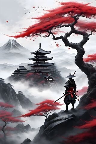 Samurai, Japan, Cherry Tree, Mountain, Fog,red