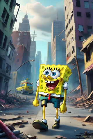 Spongebob Walking Away From His Destruction Of The City