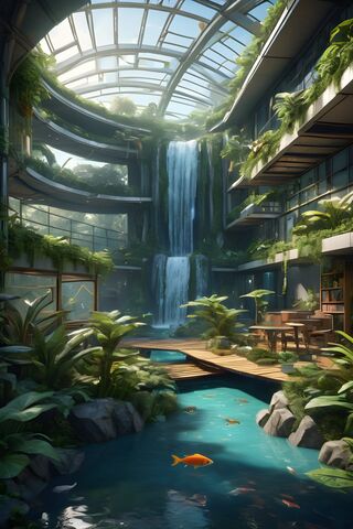 Solarpunk Lunarpunk Botanical Garden Aviary and Ponds