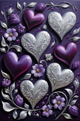Silver and Dark Purple Hearts and Flowers