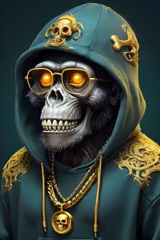 Skull Gorilla With Hoodie, Gold Chain and Gold Glasses