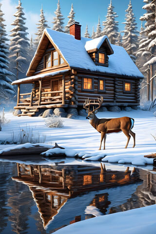Snowy Cabin With Deer