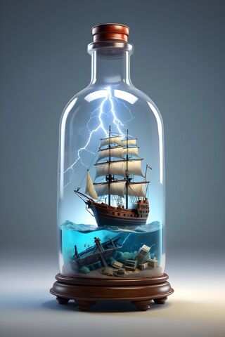 Sailing Ship Struck By Lightning Amongst A Old Sunken Wreckage.