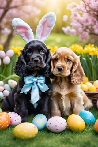 Two Dogs Wearing Bunny Ears and Sitting In Grass With Eggs