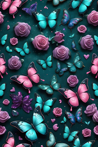 Teal Butterflies, Hearts & Roses