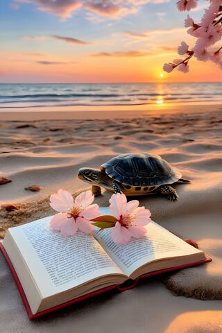 Turtle Next To A Book On The Beach In The Sunset.