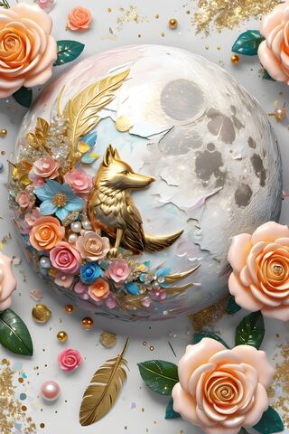 The Moon With A Wolf and Flowers Inside The Moon