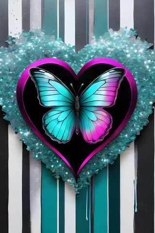 Teal Butterfly, Heart, Stripe Background