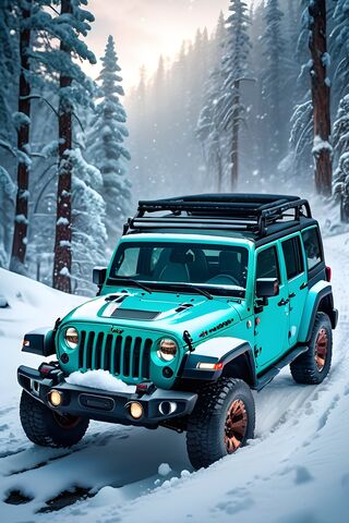 Teal Jeep Snow Day