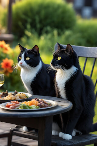 Two Tuxedo Cats Sharing A Meal Together