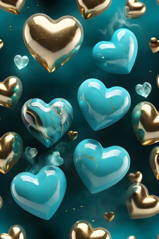 Turquoise Gold Marble 3D Hearts