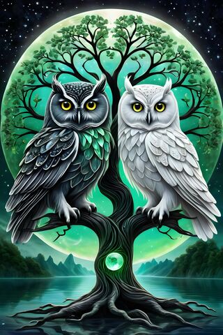 Twin Owls On Tree Of Life