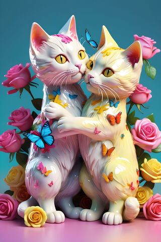 Two Kitties Hugging Covered In Butterflies