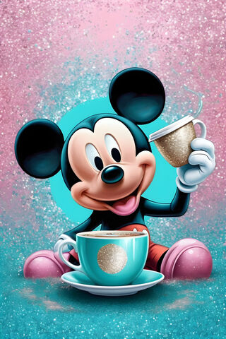 Turquoise Pink Glitter Background Mickey Mouse Coffee