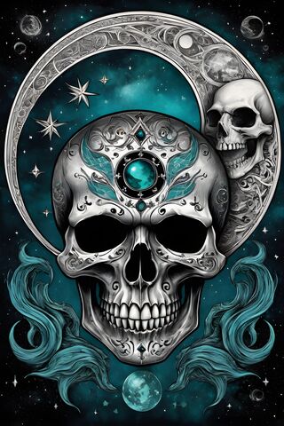 Teal Skull and Moon