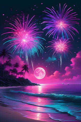 Vibrant Colors Fireworks Moon Over Water