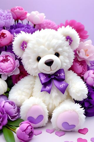 White Teddy With Bow and Flowers