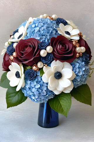 White, Burgundy, and Blues Bouquet With Pearls and Rose Gold Accents