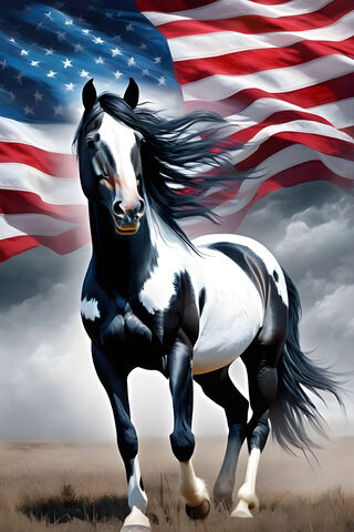 Wild Mustang Horse & American Flag