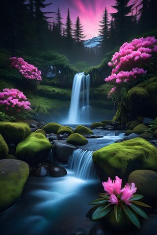 Waterfall With Northern Lights