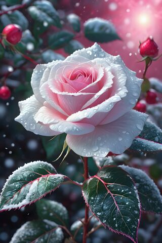 White & Pink Rose In The Snow