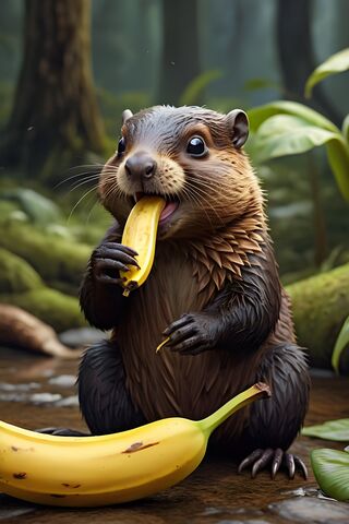 Wet Beaver Eats Banana