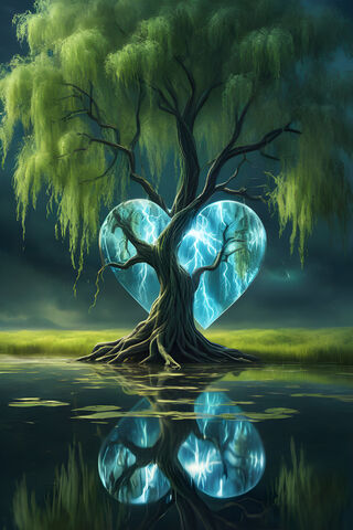 Weeping Willow Glass Heart Reflection Lightning Strike