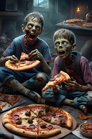 Zombie Kids Eating Pizza