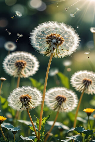 Dandelions Drifting In The Breeze Against A Blurred Background